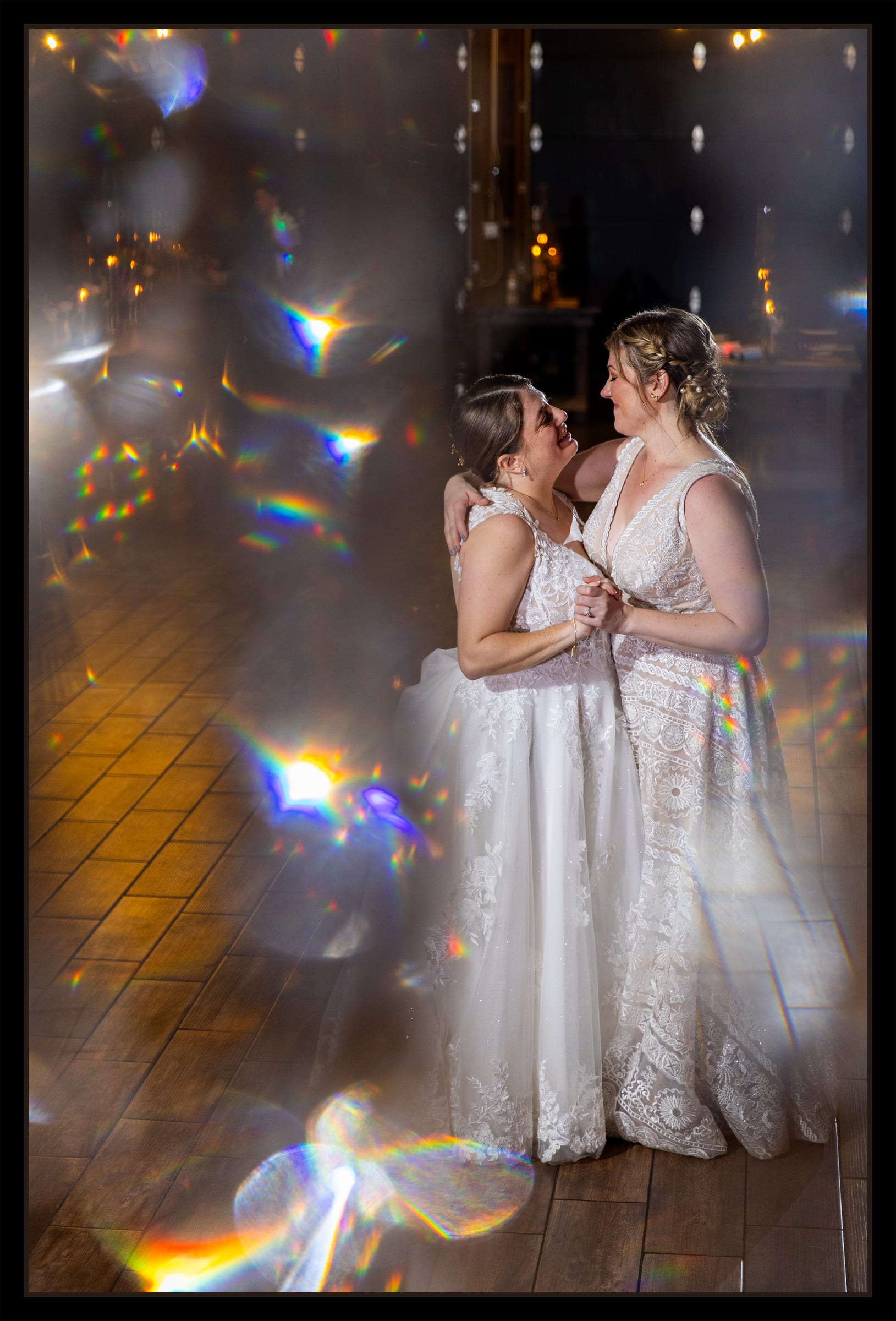 Bride and groom kiss in dreamy bokeh light, cinematic Love and Lustre highlight film